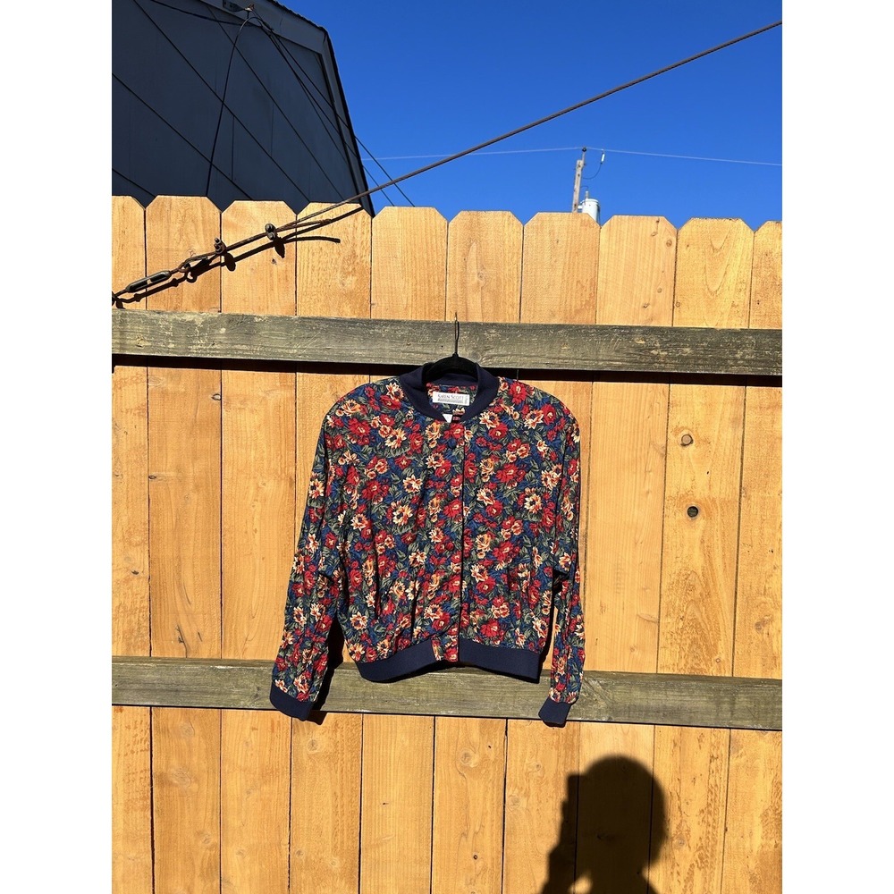 Karen Scott Vintage Floral Button Top Shirt Large cottage Blue Red Winter Fall